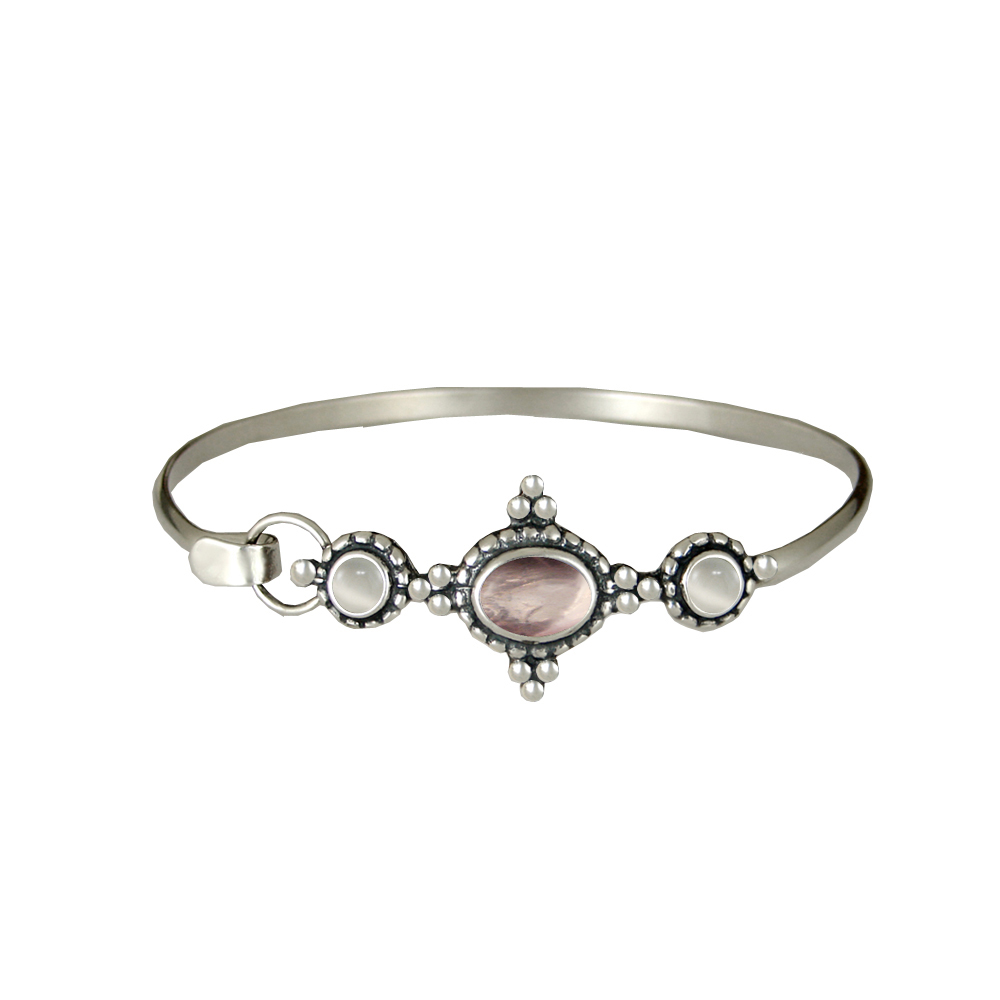 Sterling Silver Gemstone Strap Latch Spring Hook Bangle Bracelet Rose Quartz And White Moonstone